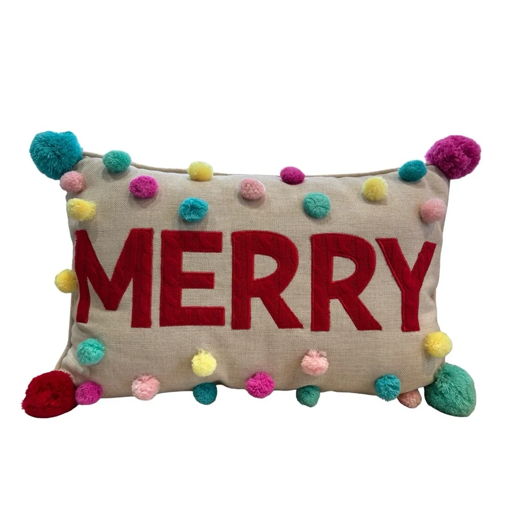Festive 'MERRY' Holiday Pillow‎ with Colorful Pom-Poms